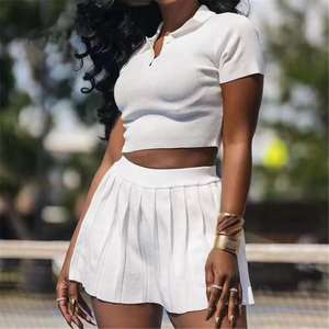 Zzhe Fashion Musim Panas 2024 wanita pakaian jalan wanita seksi pakaian rajutan kaus lengan pendek dan rok Mini berlipat 2 potong set - Product Image 1