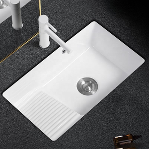 Lavabo rectangular de cerámica blanca para empotrar con 1 orificio y desagüe central para lavandería - Product Image 3