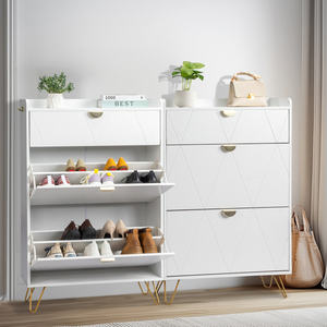 Mueble Zapatero DB Blanco de Aglomerado 80x24x120cm con Cajones Abatibles y 2 Puertas, Detalles Dorados, Moderno y Minimalista para Almacenamiento en la Entrada - Product Image 5