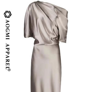 Alta costura de lujo para mujer, verano, Color sólido, hombro asimétrico, hasta la rodilla, vestido hasta el té, tafetán de seda 100%, antiarrugas - Product Image 1