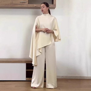 Completo Elegante Satinato Stile Europeo e Americano per Donna, Top a Maniche Lunghe Irregolare e Pantaloni a Gamba Larga, Abito Modesto Musulmano per Business Casual - Product Image 4