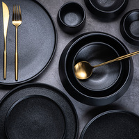 Ensemble de vaisselle en céramique noire avec bol sur pied et assiette occidentale pour sauces, riz, nouilles, soupes et salades, pour la cuisine et la salle à manger