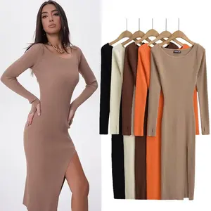 Sexy slim side slit round neck knitted dress female autumn winter tight buckle finger long sleeve women midi dress