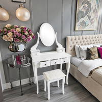 Coiffeuse Moderne Classique Blanche de Luxe, Meuble de Chambre Antique avec Miroir sur Pied et Rangement Métallique, Table de Maquillage pour la Maison