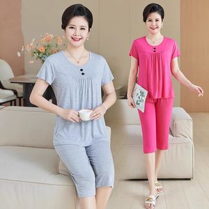 Women's Loose Fit Two Piece Set Short Sleeve <b>Top</b> Cropped Pants Casual Wear Breathable Knitted Summer Outfit Grey Pink Sea Blue - Product Image 1