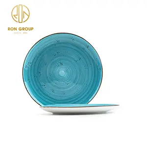 Custom Logo Moroccan Restaurant Ceramic Dinnerware Hotel Catering Porcelain Round Blue Dinner Plates For Wholesale