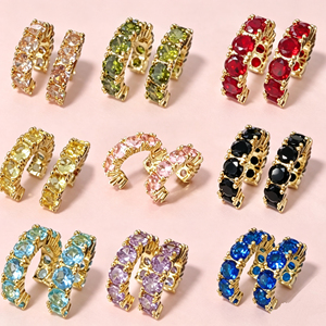 Boucles d'oreilles créoles rondes 4 mm avec gemmes, personnalisables, plusieurs couleurs, sans perçage, scintillantes, style tennis, cadeau en gros - Product Image 2