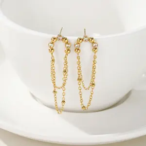 Woying 925 Sterling Silver Earrings A Bar Zircon Tassel Chain Gold Plated Stud Earrings For Women Tassel Earrings