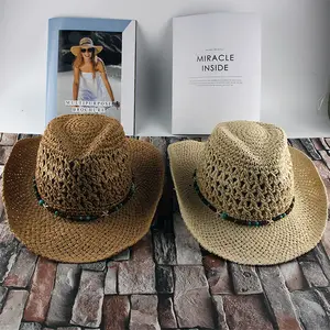 Chapeau de paille de Cowboy européen et américain, casquette de soleil respirante, tissée à la main, pour femmes
