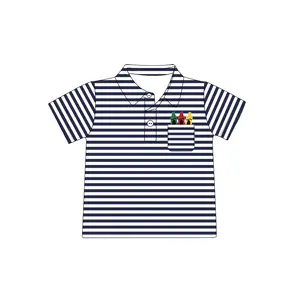 Puresun custom school baby boy clothing crayon appliques navy stripe cotton kids shirt boy polo shirts