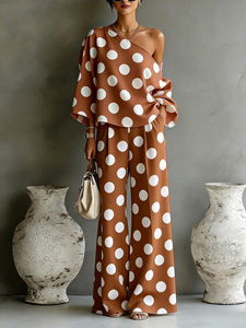 Bold Polka Dot Two Piece Outfit Off Shoulder <strong>Flowy</strong> <strong>Top</strong> &amp; Wide Leg Pants Summer Casual Wear - Product Image 3