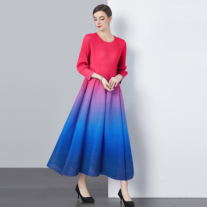 New High Quality Fashion Miyake Pleated Dress Gradient Color Bud Hem Long  Sleeve Gown Casual Women Clothing Dress| Alibaba.com
