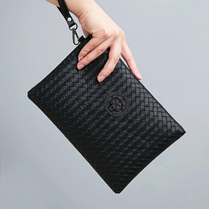 Business Men PU Leather <strong>Clutch</strong> <strong>Bag</strong> Woven Texture Embossed Design Large Capacity Hand Pouch <strong>With</strong> Detachable <strong>Wrist</strong> <strong>Strap</strong> - Product Image 1