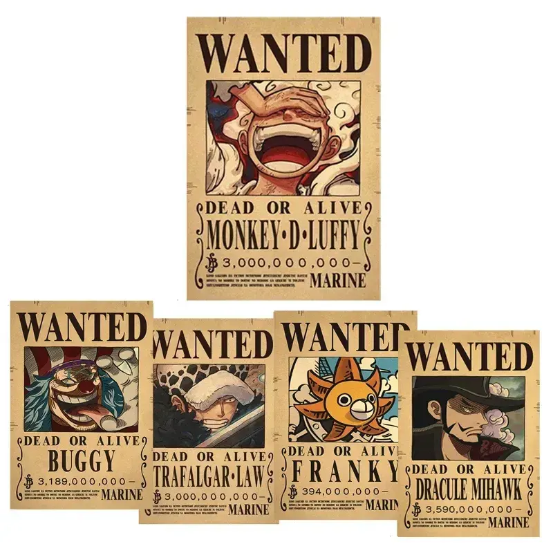 42*29cm Thickening Cartoon Home Decoration Retro Kraft Paper One Piece Luffy Wanted Anime Poster
