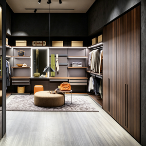 Système d'armoires Shaker blancs avec panneaux encastrés, poignées horizontales en laiton, section ouverte pour suspension, unités de tiroirs et armoire à portes vitrées - Product Image 4