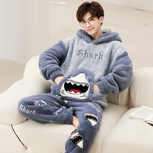 Ensembles de vêtements de nuit d'hiver pour hommes, pyjamas en peluche à capuche, pyjamas en velours épais pour adolescents, pyjamas de dessin animé - Product Image 5