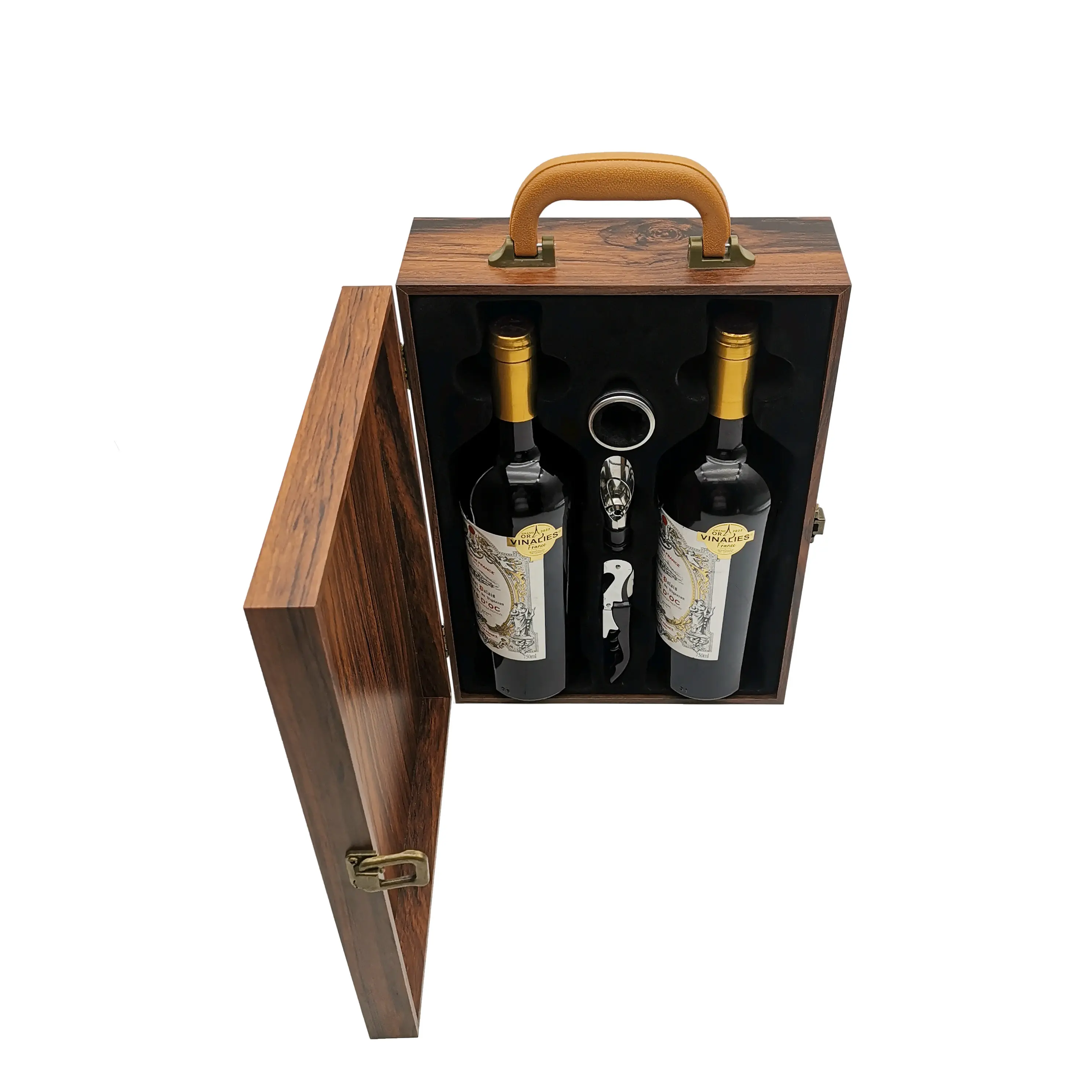 Mahagoni-Furnier doppelte Flaschen Rotwein Geschenkbox 750 ml Weinverpackungsbox Klavier lackierte Holzkiste mit Weinaccessoires