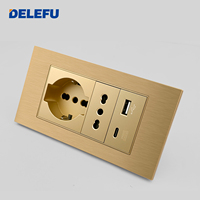 DELEFU - Enchufes de Pared Universales y Schuko de 2 Pines con Panel de PC Dorado Estándar Europeo Italiano