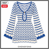Robe en tricot pour femme, blanche et bleu roi, à rayures chevron, en crochet, manches longues cloche, mini-robe à découpe en forme d'anneau, Fabricant