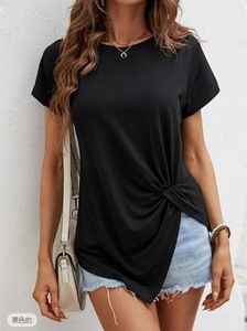 Mono de manga corta con cuello redondo para mujer, dobladillo anudado, camiseta informal de vacaciones con textura hueca, tops bonitos - Product Image 4