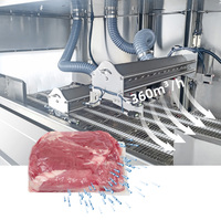 Chaîne de production automatique de mise sous vide à bande pour viande rouge avec tunnel de rétraction à eau chaude et sécheur à lame d'air pour le traitement du bœuf et du porc