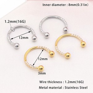 Anneaux de nez en forme de fer à cheval en acier inoxydable avec zircon incrusté et extrémité boule, bijoux de piercing, cadeau, accessoire de mode - Product Image 2