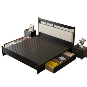 Retro Black Solid Wood Bed 1.5M 1.8M Platform With Soft Headboard For Master Bedroom - Product Image 4