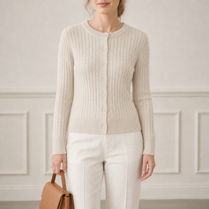 Cardigan <span class=keywords><strong>Femme</strong></span> en Mélange de <span class=keywords><strong>Laine</strong></span> Style Old Money, Tricot Câblé Effet Superposé, Coupe Décontractée, Jersey Simple, Chaud et Doux, Fabrication Personnalisée Directe Usine - Product Image 1
