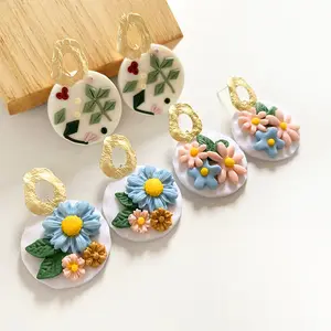 Rinhoo sıcak satış renkli bitki 3D çiçek polimer kil küpe sevimli el yapımı Anti alerji yaz damla küpe kızlar kadınlar için