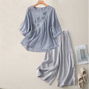 Women's Cotton Linen Embroidered Set Three Quarter Sleeve Loose Casual Pants Breathable Artistic Retro Style - Product Image 1
