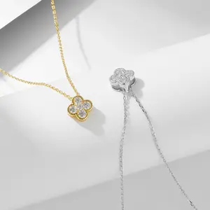 Xixi Mạ Vàng May Mắn 925 Sterling Bạc Bling Cubic Zircon Phụ Nữ Bốn Lá Clover Choker Mặt Dây Chuyền Đồ Trang Sức Thời Trang Dây Chuyền