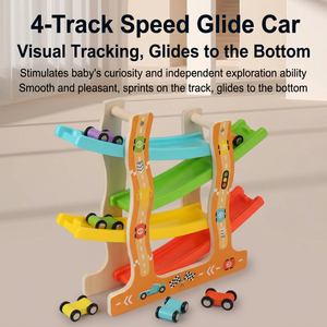 En stock en EE. UU. Pista de carreras de madera de 4 carriles con rampa, coches deslizantes y estacionamiento, juguete para niños pequeños y preescolares - Product Image 5