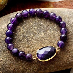 Bracelet élastique en améthyste avec perles de 8 mm, pendentif goutte d'eau en pierre naturelle, bijoux pour femmes, cadeau, accessoire de mode - Product Image 1