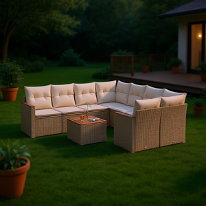 Ensemble de canapés de jardin en rotin beige, mobilier d'extérieur durable au design contemporain, coussins en mousse haute densité - Product Image 2
