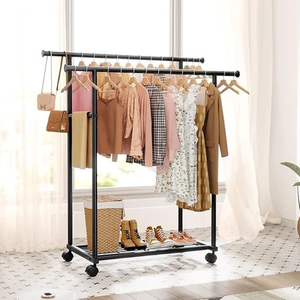 Porte-vêtements à double tringle sur roulettes, robuste, en métal, avec étagère inférieure pour rangement de chambre et placard - Product Image 3