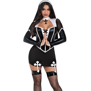 Disfraz de Mujer de Cuero Sintético para Cosplay, Club Nocturno, <span class=keywords><strong>Monja</strong></span>, Sirvienta, Mangas Largas, Tops Calados, Falda Corta <span class=keywords><strong>con</strong></span> Turbante, Uniforme - Product Image 2