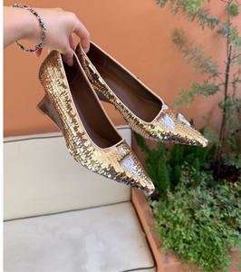 Cantilever <span class=keywords><strong>doré</strong></span> paillettes Mules chaussures femmes talons Chic à la mode bout pointu sans lacet sandales compensées élégance Style mode pompes - Product Image 4