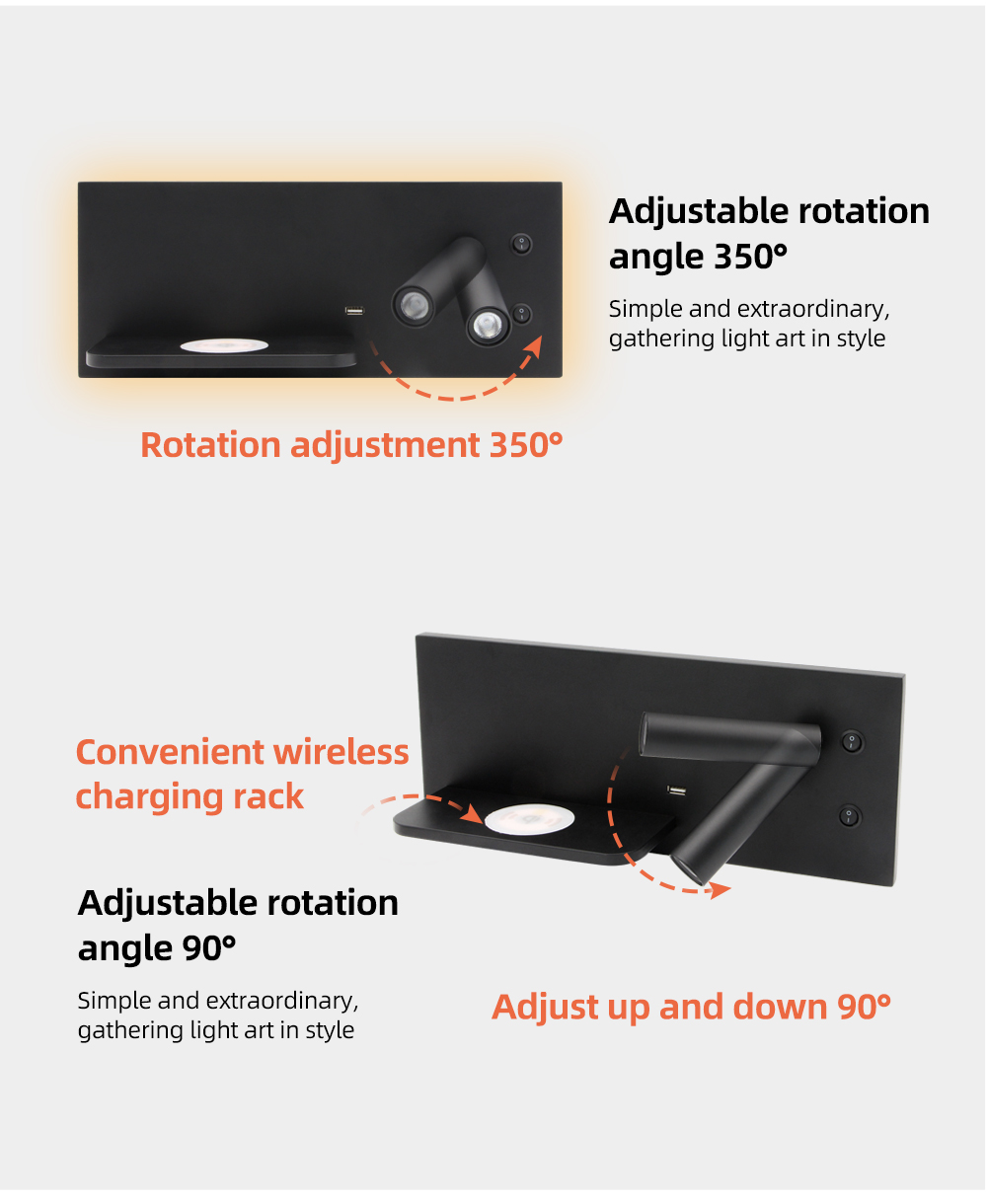 LED Wall Light Switch With Wireless USB Charging Wall Lamps Rotatable Spot Bedroom Bedside Backlit Reading Lamp