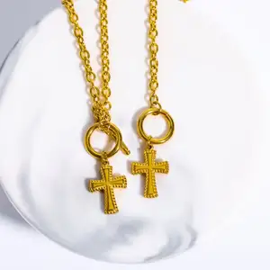 Antique Cross 18K PVD Acero Inoxidable Gold Plated Pendant Necklace OT Buckle Vintage Waterproof Jewelry