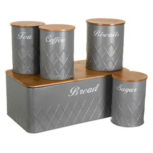 Metal Kitchen Bread Bin Set Canisters Tea Coffee Sugar Jar Food Container Storage Bin with Bamboo Lid