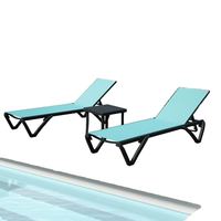 Lot de 3 chaises longues d'extérieur réglables en aluminium bleues avec table d'appoint, résistantes aux intempéries, pour terrasse, pelouse, bord de piscine, jardin, lac