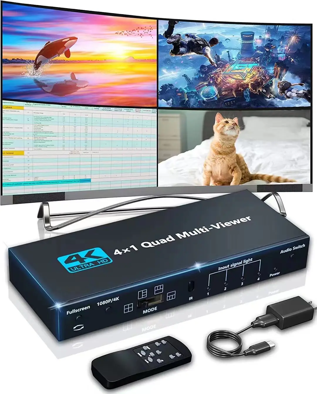 4K HDMI Multiviewer 4x1 Quad Screen Real Time Multi Viewer 4 in 1 Seamless HDMI Switcher with Remote
