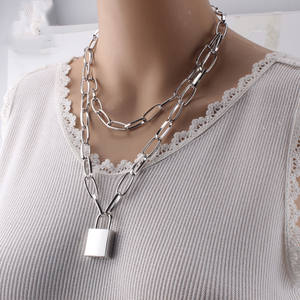 Sweater Chain <b>Necklace</b> Double Layer <b>Chunky</b> Chain Lock Pendant Zinc Alloy Geometric Design Fashion Jewelry - Product Image 2