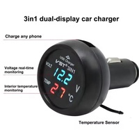Voltmètre numérique LED 3-en-1 multifonction 12V 24V pour voiture avec jauge de température Celsius et chargeur USB
