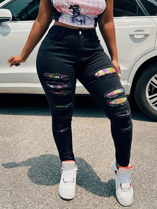 Jeans skinny déchirés pour femmes rondes, en denim noir extensible, avec imprimé arc-en-ciel sous les déchirures, taille plus, pantalon streetwear - Product Image 3