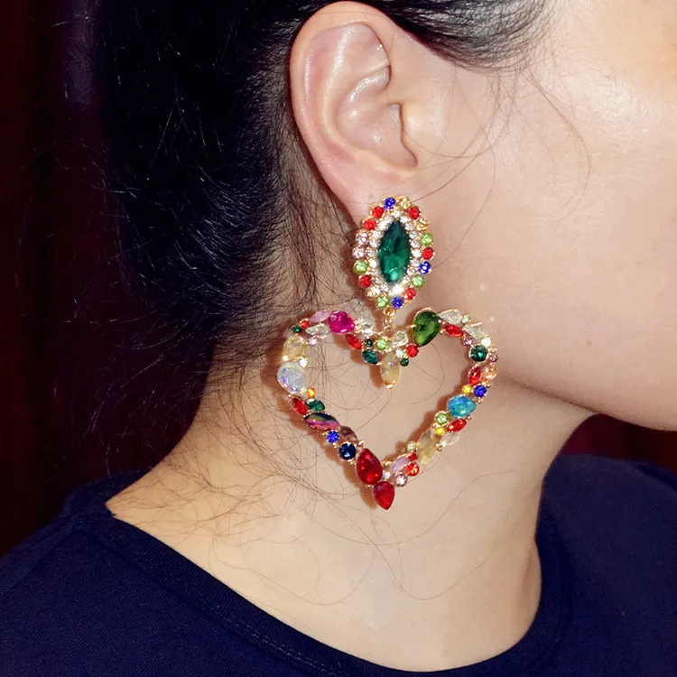 Korean Heart-Shaped Alloy Colorful Diamond Hoop Earrings Version Fashion Rainbow Earrings For Women 2021
