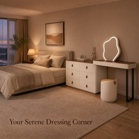 Ensemble coiffeuse deux pièces avec commode à 6 tiroirs, coiffeuse blanc crème avec plateau en bois grainé, tiroirs pour chambre à coucher et décoration intérieure