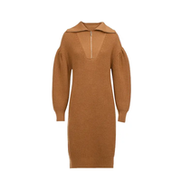 Benutzer definierte Herbst Winter Braun Revers Langarm Lässig Einfaches Kleid Für Frauen Pullover Strickkleid