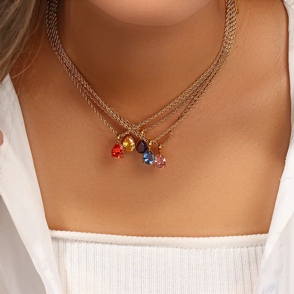 Bijoux arc-en-ciel coloré cristal Zircon goutte d'eau pendentif or dorure chaîne collier