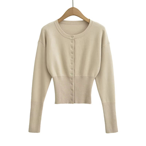 Nuovo <span class=keywords><strong>Cardigan</strong></span> Corto da Donna in Maglia, Stile Francese Elegante, Tinta Unita, Scollo a V con Bottoni Nascosti, Casual, Autunnale - Product Image 4